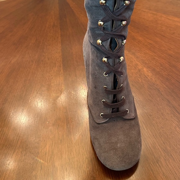 Genuine Suede Lace-Up Knee-High Boots Gold Hardware Italy - Picture 2 of 11